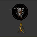 Man With Yellow Glowing Sparks Standing On Black Base With Wolf Head Symbol