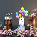 Pink And White Flowers With Green Leaves In Brown Wooden Vase And Colorful Balloons