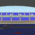 Modern Football Stadium With Glass Facade Arched Roof And Green Logo Entrance