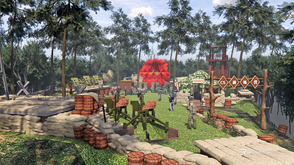 Military Themed Outdoor Field Featuring Forest Red Flower Sandbags Machine Guns And Watchtower 3d model 