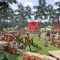 Military Themed Outdoor Field Featuring Forest Red Flower Sandbags Machine Guns And Watchtower