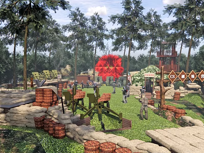 Military Themed Outdoor Field Featuring Forest Red Flower Sandbags Machine Guns And Watchtower 3d model