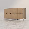 Modern Minimalist Storage Cabinet with Light Wooden Doors Black Round Knobs and Metal Frame