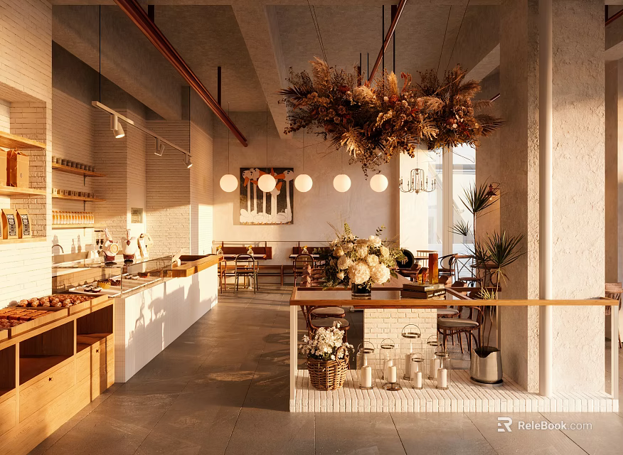 Modern Dessert Shop Interior With Display Counter Decorative Chandelier And Fresh Flowers 3d model 