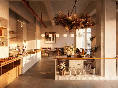 Modern Dessert Shop Interior With Display Counter Decorative Chandelier And Fresh Flowers 3d model