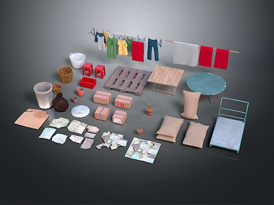 Everyday Household Essentials With Drying Rack Colorful Clothes Buckets Mats And Tables 3d model