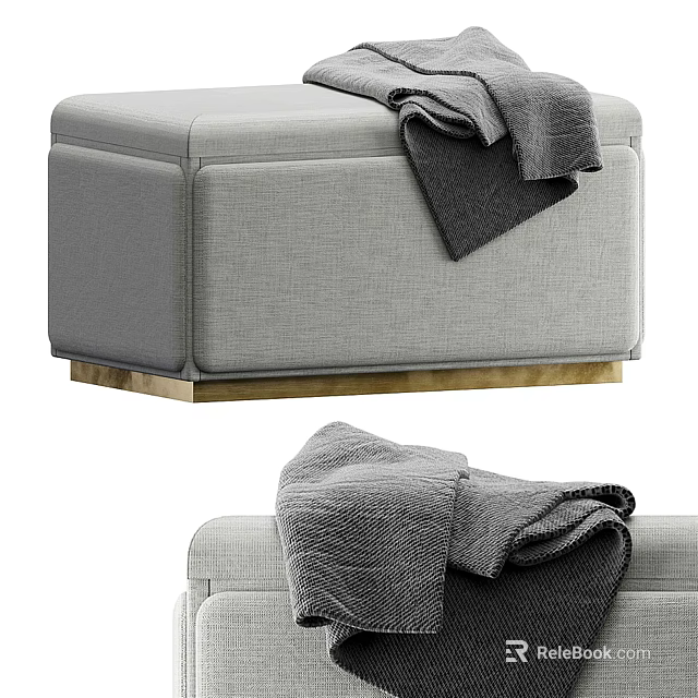 Modern Gray Fabric Ottoman with Gold Base and Gray Blanket on Top 3d model 