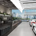 Luxury Car Showroom Showcasing White Ferrari Cars With Modern Interior Sofa Chairs And Ceiling Design