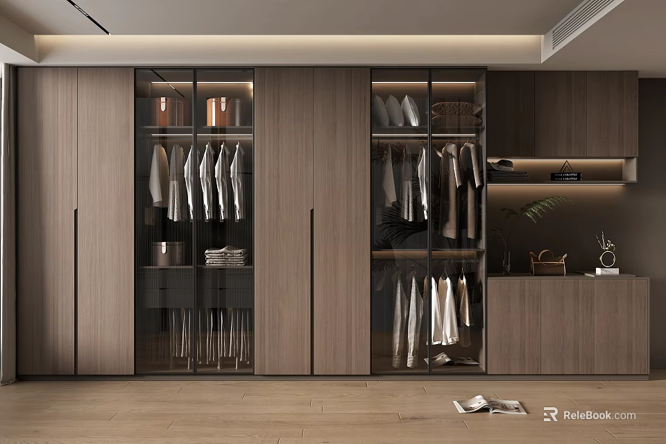 Modern Wooden Wardrobe With Glass Doors And Hanging Rods Built in Shelves Design 3d model 
