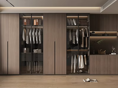 Modern Wooden Wardrobe With Glass Doors And Hanging Rods Built in Shelves Design 3d model