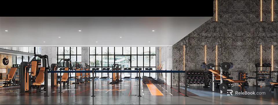 Spacious Gym Interior With Fitness Equipment And Large Windows 3d model 