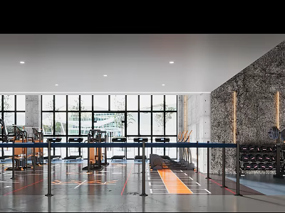 Spacious Gym Interior With Fitness Equipment And Large Windows 3d model