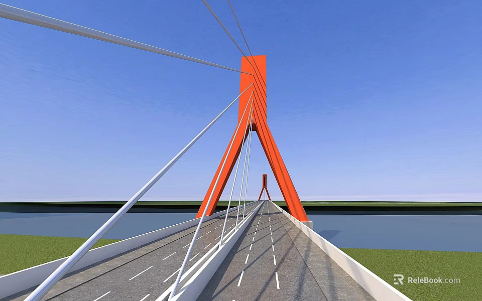 Orange Cable Stayed Bridge Tower With Roadway Over Water And Blue Sky 3d model 