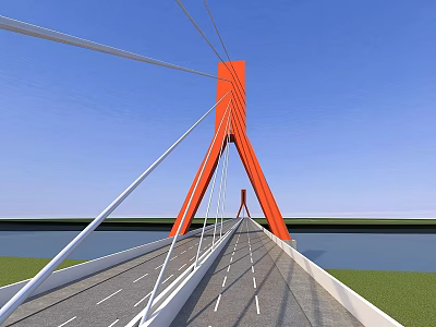 Orange Cable Stayed Bridge Tower With Roadway Over Water And Blue Sky 3d model