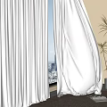 White Sheer Curtains By Window With City View Potted Plant And Book On Carpet