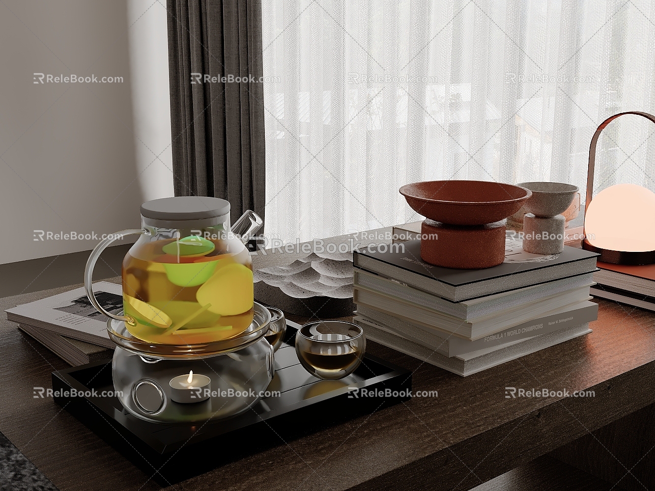 Modern Dining Table Ornaments Books Teapot Table Lamp Tray 3d model