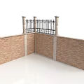 Brown Brick Wall Corner Structure With Decorative Iron Railing And Stone Pillars 3d model