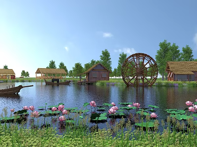 Garden Landscape With Water Lotus Flowers Traditional Thatched Huts Large Water Wheel And Wooden Boat 3d model
