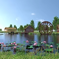 Garden Landscape With Water Lotus Flowers Traditional Thatched Huts Large Water Wheel And Wooden Boat