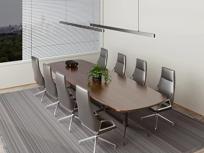 Modern Conference Table with Wooden Top Gray Chairs Potted Plant and Window Blinds 3d model