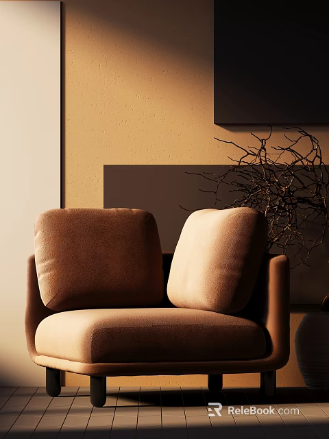 Cozy Brown Single Seater Sofa With Soft Cushions And Twig Decoration In Warm Light Interior 3d model 
