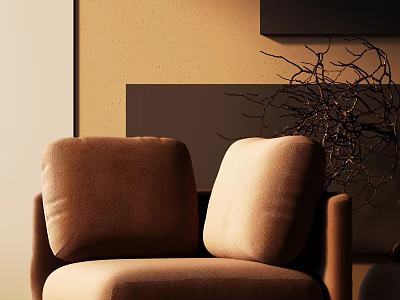 Cozy Brown Single Seater Sofa With Soft Cushions And Twig Decoration In Warm Light Interior 3d model