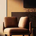Cozy Brown Single Seater Sofa With Soft Cushions And Twig Decoration In Warm Light Interior