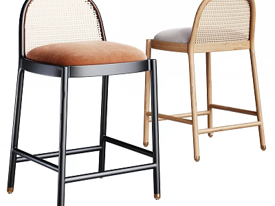 Modern Bar Stools With Wicker Back And Velvet Seat Black Metal And Wooden Frame 3d model