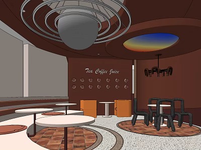 Two Coffee Shop Interior Design With Circular Ceiling Lights And Decorative Wall 3d model