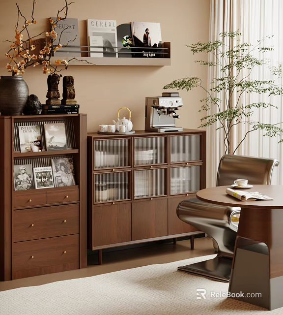 Modern Wooden Sideboard With Glass Doors Storage And Dining Table Decorative Items 3d model 