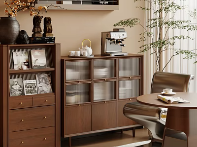 Modern Wooden Sideboard With Glass Doors Storage And Dining Table Decorative Items 3d model