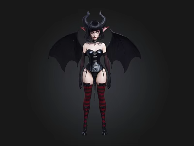 Gothic Demon Female Character With Black Wings Horns And Striped Stockings 3d model