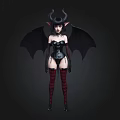 Gothic Demon Female Character With Black Wings Horns And Striped Stockings