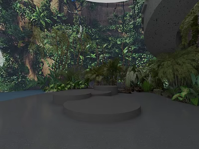 Lush Tropical Living Plant Wall Design With Circular Platforms And Smooth Gray Floor 3d model