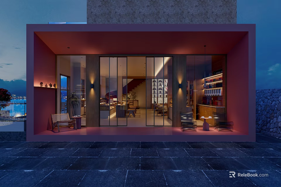 Modern Open Café Interior Featuring Glass Doors Night View Lighting Bookshelves Tables And Chairs 3d model 
