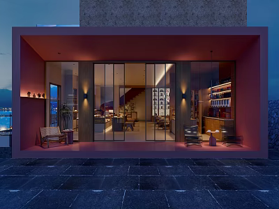 Modern Open Café Interior Featuring Glass Doors Night View Lighting Bookshelves Tables And Chairs 3d model