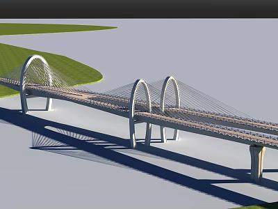 Modern Arched Cable Stayed Bridge Spanning Water With Green Grasslands 3d model