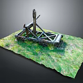 Medieval Wooden Catapult Ancient Weapon With Traditional Structure On Green Grass Field