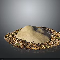 Wood Stone Material Pile With Surrounding Shavings And Small Green Plants