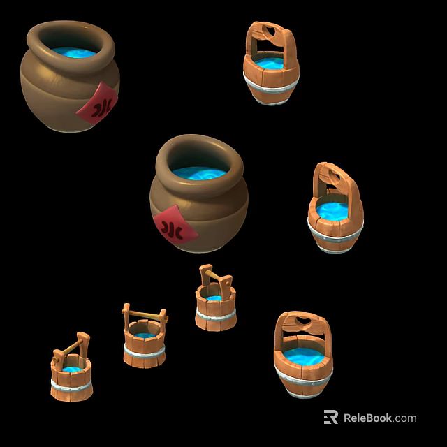 Traditional Clay Pots And Wooden Buckets With Blue Liquid And 30 Yuan Tags 3d model 