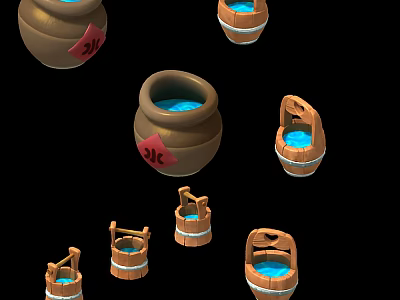 Traditional Clay Pots And Wooden Buckets With Blue Liquid And 30 Yuan Tags 3d model