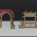 Wooden Farm Entrance Gate With Flower Arch Red Blooms And Green Plants