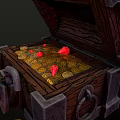 Open Wooden Treasure Chest With Metal Locks Filled With Gold Coins And Red Gems