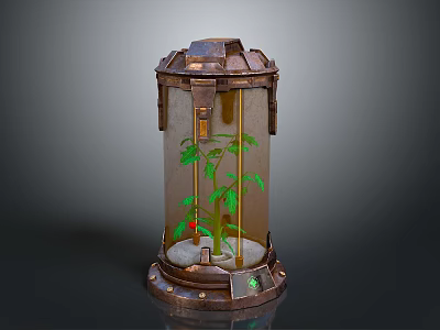 Metal Frame Glass Container With Small Indoor Plant And Red Fruits 3d model
