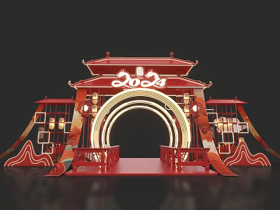 2024 Chinese Style Decorative Arch with Red Lanterns and Wave Decorations 3d model