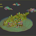 Cartoon Scene Featuring Green Island Blue Water Trees Houses And Fluffy Clouds