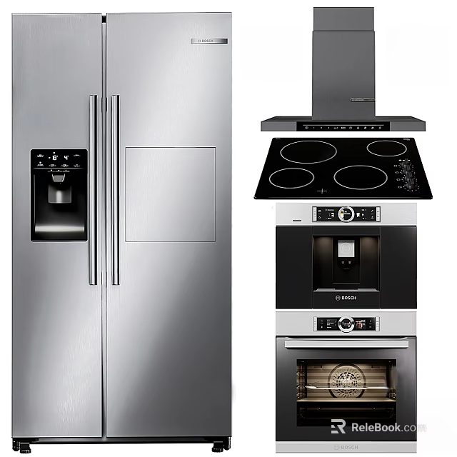 Modern Stainless Steel Kitchen Appliances With Refrigerator Range Hood Cooktop And Oven 3d model 