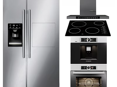 Modern Stainless Steel Kitchen Appliances With Refrigerator Range Hood Cooktop And Oven 3d model