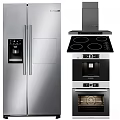 Modern Stainless Steel Kitchen Appliances With Refrigerator Range Hood Cooktop And Oven