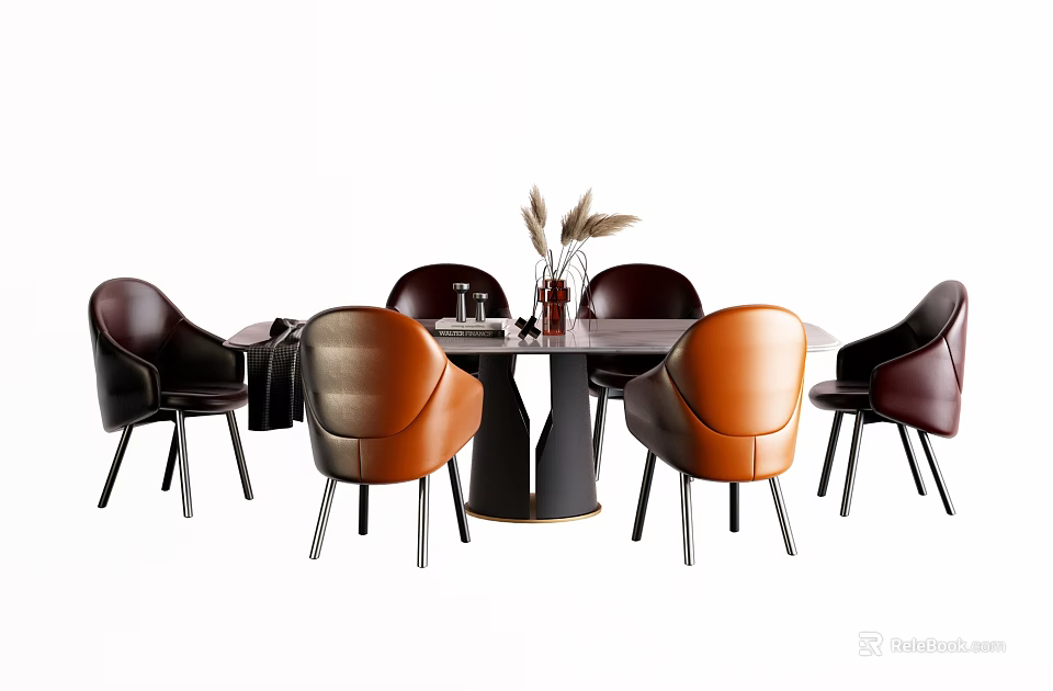Modern Round Dining Table Set With Colorful Leather Chairs And Dried Plant Vase 3d model 